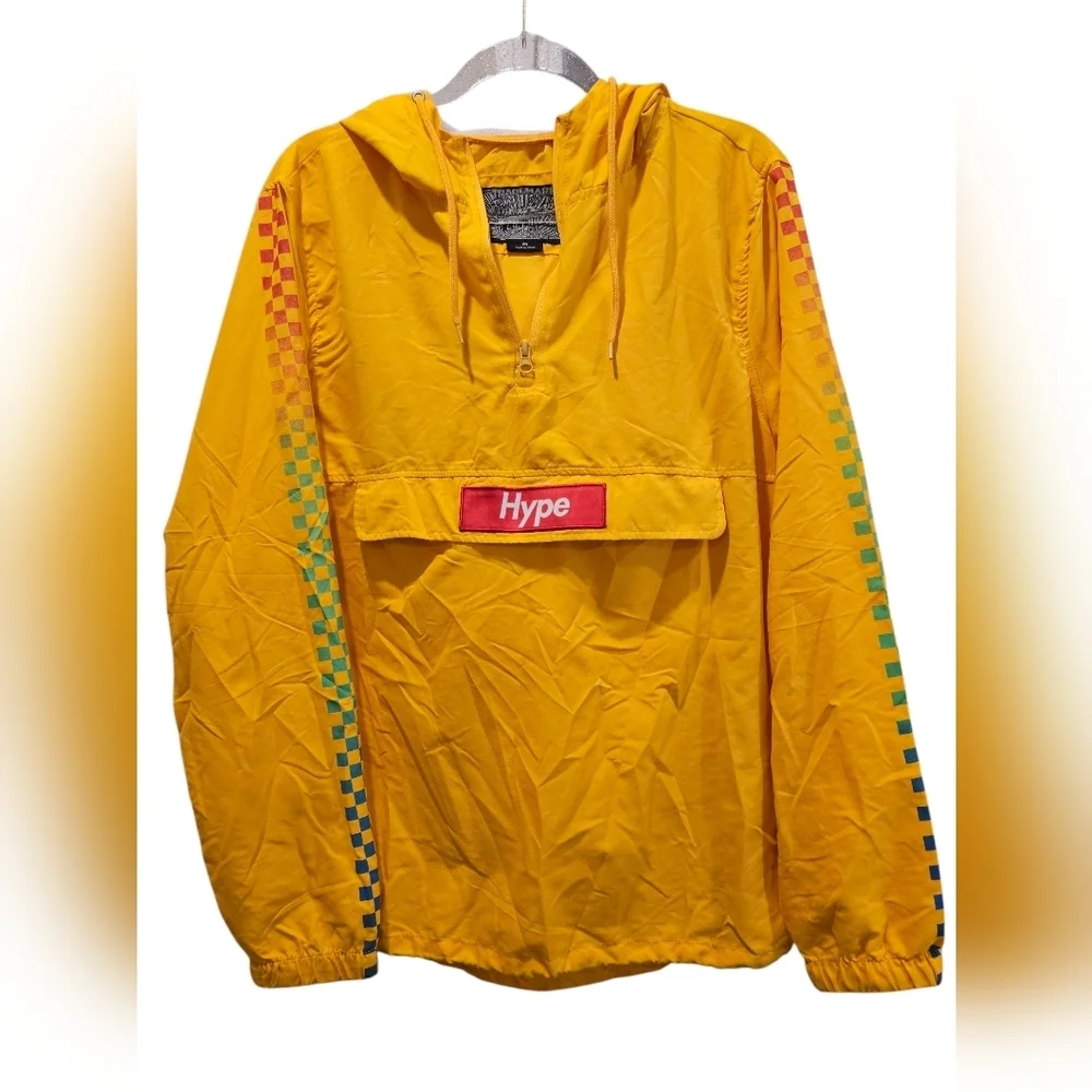 Vintage rare y2k Hype yellow windbreaker hood pullover checkered colorful M - Picture 1 of 10